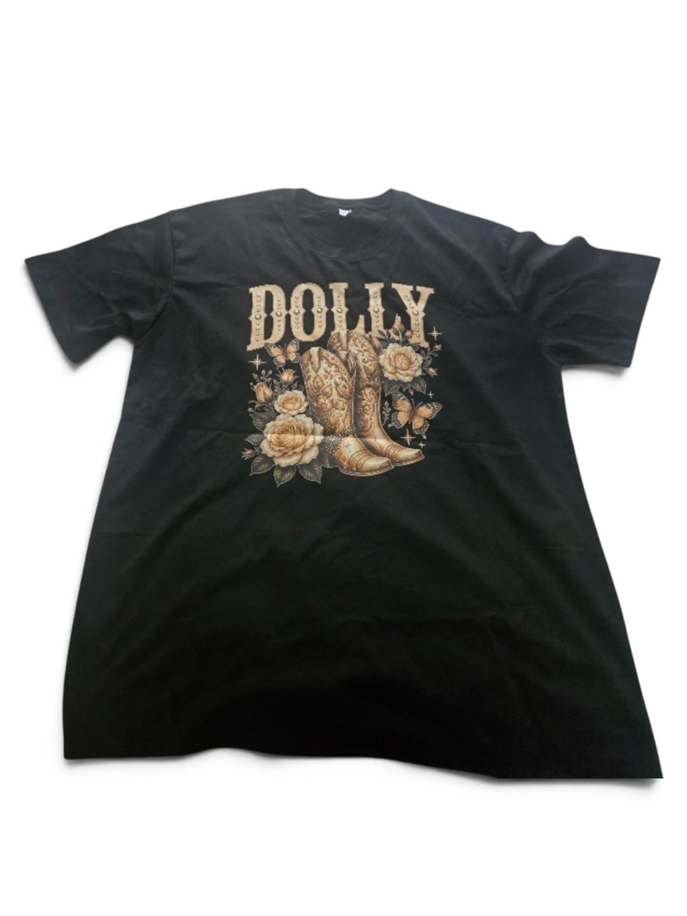 Dolly Black Graphic Tee with Western Boot Design